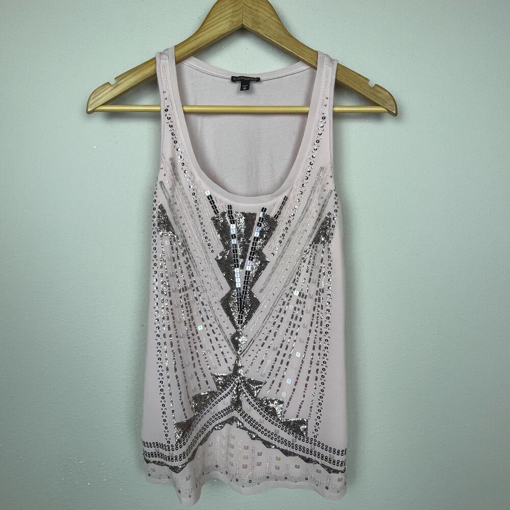 Express XS Pink Sequin Beaded Scoop Neck Top Whimsigoth Fairycore‎ Festival